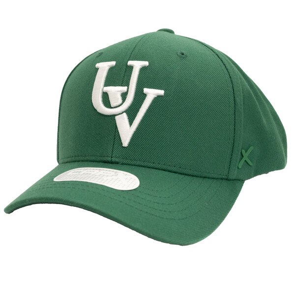 CapX forest green structured adjustable hat from the side with a vintage UV logo on the front